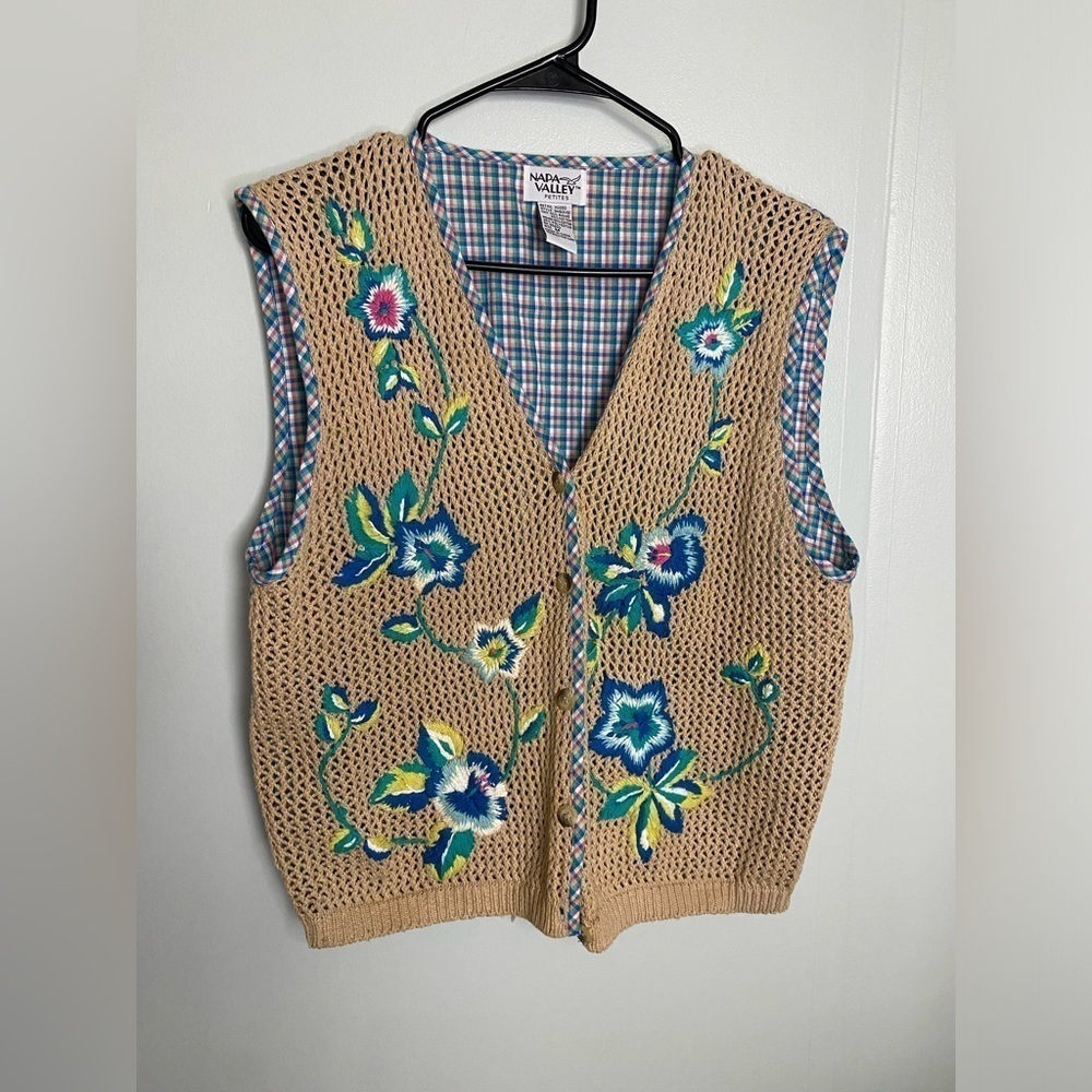 Vintage Knit Sweater Vest Womens Medium Napa Valley Floral Grandma Cottagecore